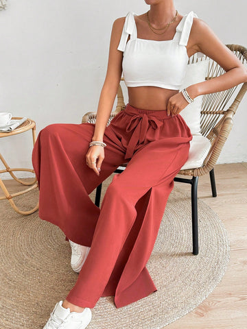 Ladies' Solid Color Cami Top And Wide Leg Pants Set With Side Slit