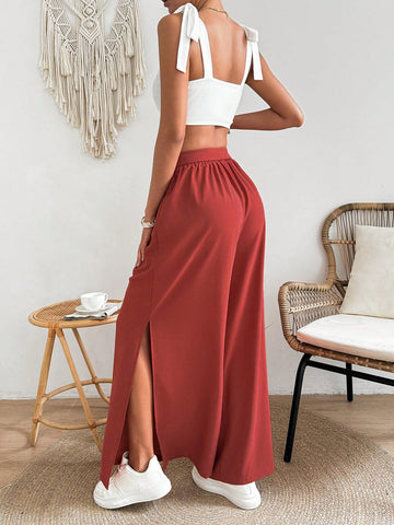 Ladies' Solid Color Cami Top And Wide Leg Pants Set With Side Slit