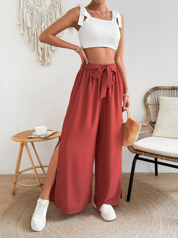 Ladies' Solid Color Cami Top And Wide Leg Pants Set With Side Slit