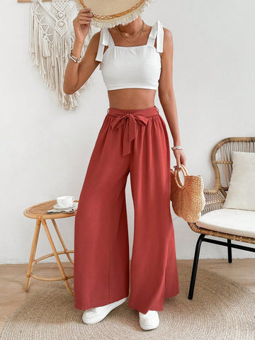 Ladies' Solid Color Cami Top And Wide Leg Pants Set With Side Slit