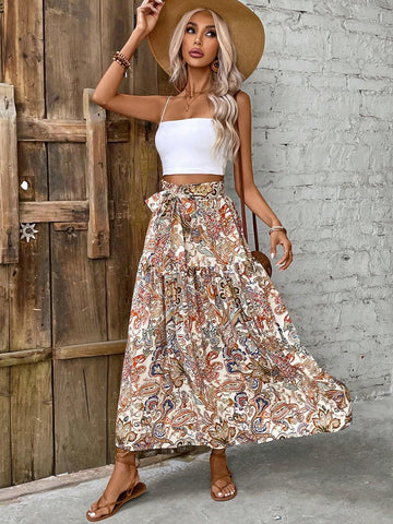 Ladies' Solid Color Camisole Tank Top And Print Skirt Summer Casual Vacation 2pcs Outfit