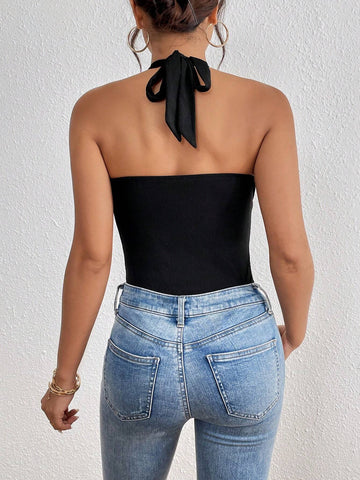 Ladies' Solid Color Lace Splicing Tie-Up Bodysuit Frenchy Tie Bodysuit, Summer Women's Bodysuit, Tie Front, Tie Bodysuit, White Women's Bodysuit Ladies' Commuter Tie-Front Bodysuit