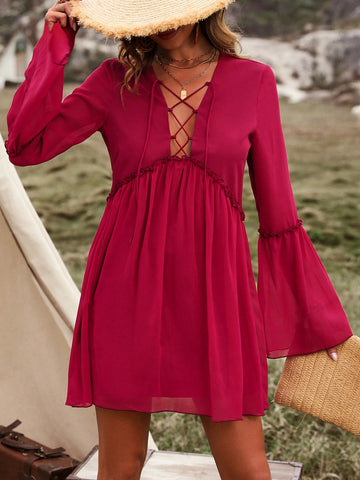 Frenchy Ladies' Solid Color Tie Belt Bell Sleeve Dress