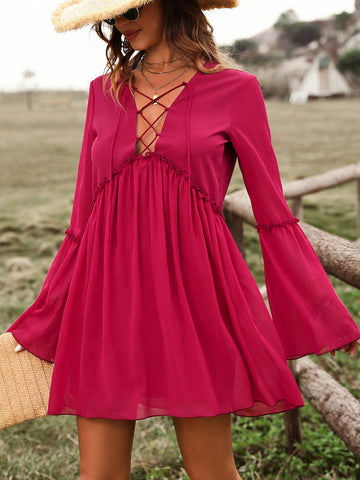 Frenchy Ladies' Solid Color Tie Belt Bell Sleeve Dress