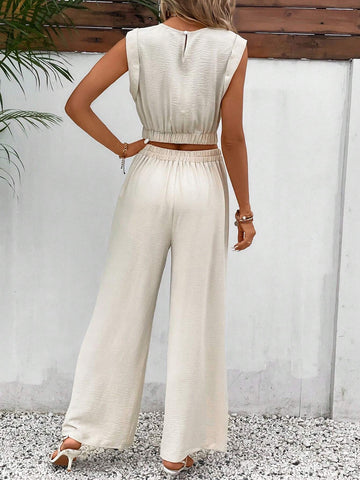 Ladies' Solid Color Tie Up Top And Pants Casual 2 Piece Set