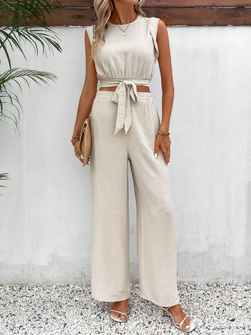 Ladies' Solid Color Tie Up Top And Pants Casual 2 Piece Set