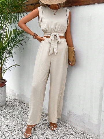Ladies' Solid Color Tie Up Top And Pants Casual 2 Piece Set