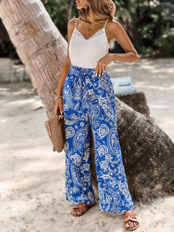 Ladies' Splice Lace Camisole Top And Paisley Print Pants Set, Summer Set, Navy Blue Trousers With Double Strap Lace Camisole, Beach Women's Set, Summer Outfit