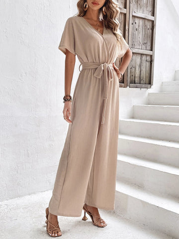 Ladies' Surplice Neck Batwing Sleeve Textured Jumpsuit