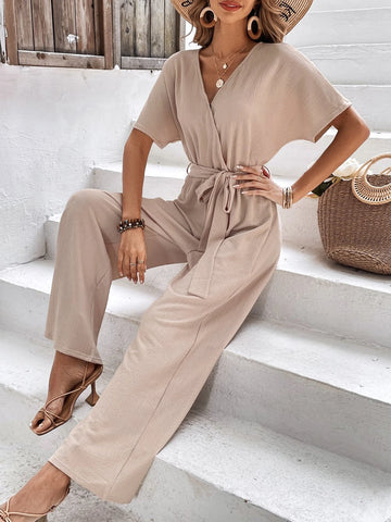 Ladies' Surplice Neck Batwing Sleeve Textured Jumpsuit