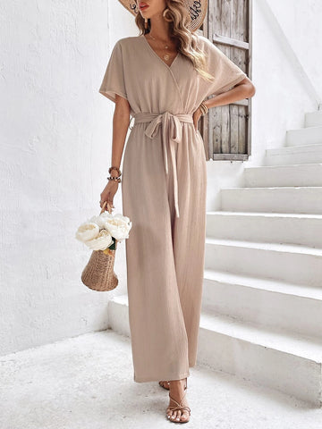 Ladies' Surplice Neck Batwing Sleeve Textured Jumpsuit