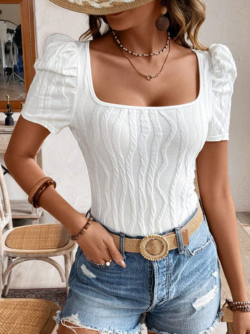 Ladies" Textured Short-Sleeved Square Collar White Commuting Jumpsuit