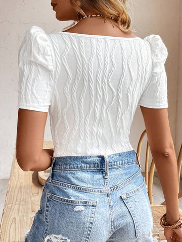 Ladies" Textured Short-Sleeved Square Collar White Commuting Jumpsuit