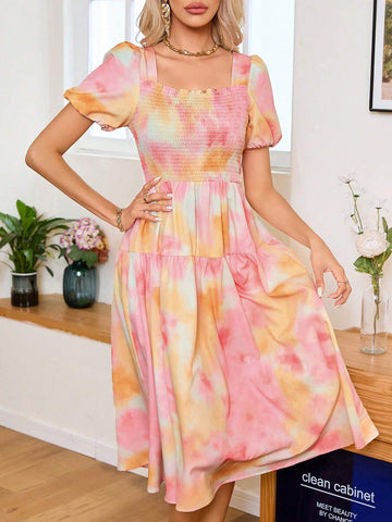 Ladies' Tie-Dye Print Pleated Waist Slim-Fit Dress