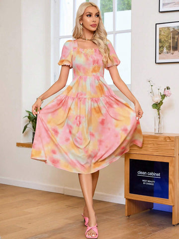 Ladies' Tie-Dye Print Pleated Waist Slim-Fit Dress