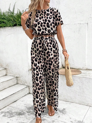 Leopard Print Batwing Sleeve Top & Pants