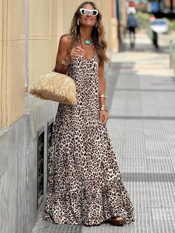 Leopard Print Neckband Backless Ruffle Dress With Tie Straps For Summer Vacation