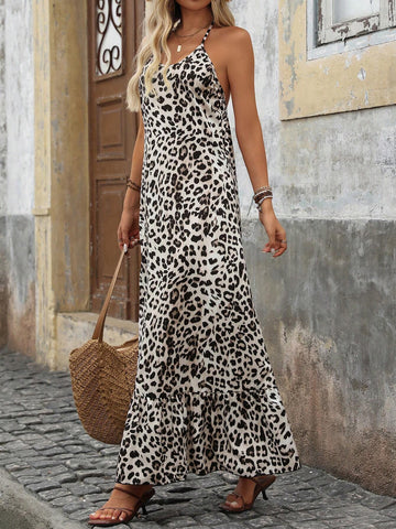 Leopard Print Neckband Backless Ruffle Dress With Tie Straps For Summer Vacation