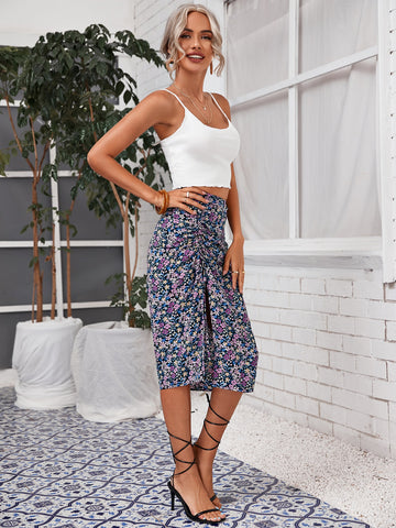 Lettuce Trim Cami Top & Drawstring Ruched Ditsy Floral Skirt Set