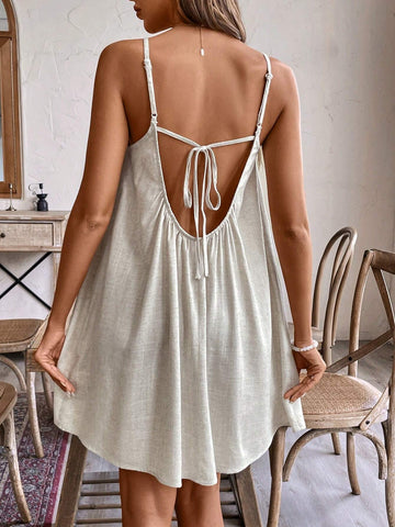 Linen Casual Loose Spaghetti Strap Dress, Backless Design, Adjustable Tie, Solid Color, Comfortable