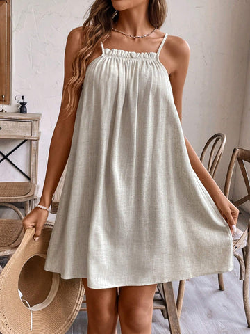 Linen Casual Loose Spaghetti Strap Dress, Backless Design, Adjustable Tie, Solid Color, Comfortable