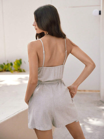 Linen Fabric Wooden Ear Edge Decoration Loose Casual Holiday Jumpsuit, Wear Comfortable And Breathable, Moisture Absorption Is Good For Summer Daily Holiday Commute Wear