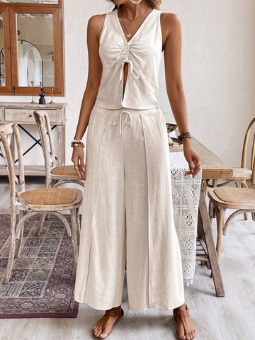 Linen Set,Homecoming Dresses,Graduation Outfit,Women Two Piece Sets,Summer Clothes,Holiday Leisure Pleated Sleeveless Top + Side-Slit Wide Leg Long Pants Set,Teacher Summer Fits