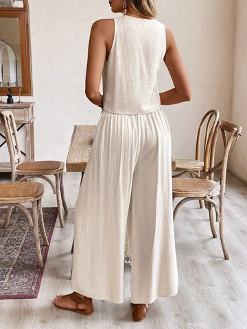 Linen Set,Homecoming Dresses,Graduation Outfit,Women Two Piece Sets,Summer Clothes,Holiday Leisure Pleated Sleeveless Top + Side-Slit Wide Leg Long Pants Set,Teacher Summer Fits