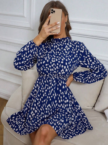 Long Sleeve All-Over Allover Print Dress With Ruffle Hem, Casual Wear