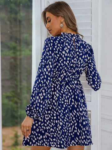 Long Sleeve All-Over Allover Print Dress With Ruffle Hem, Casual Wear