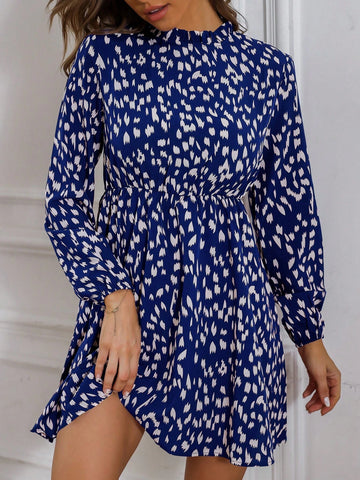 Long Sleeve All-Over Allover Print Dress With Ruffle Hem, Casual Wear