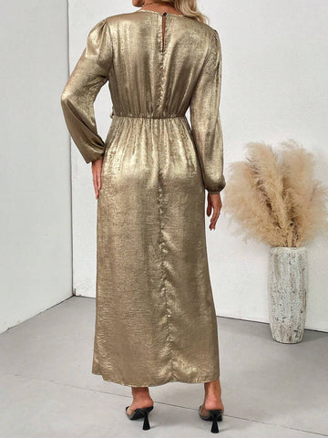 Long Sleeve Lace-Up Golden Round Neck Women's Dress