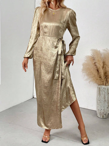 Long Sleeve Lace-Up Golden Round Neck Women's Dress