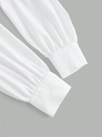 Loose Basic Casual Shirt With Short Front And Long Back, And Lantern Sleeves