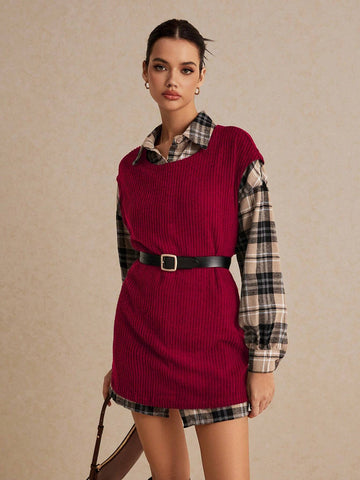 Plaid Drop Shoulder Blouse & Vest Without Belt Vintage Sytle