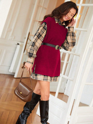 Plaid Drop Shoulder Blouse & Vest Without Belt Vintage Sytle