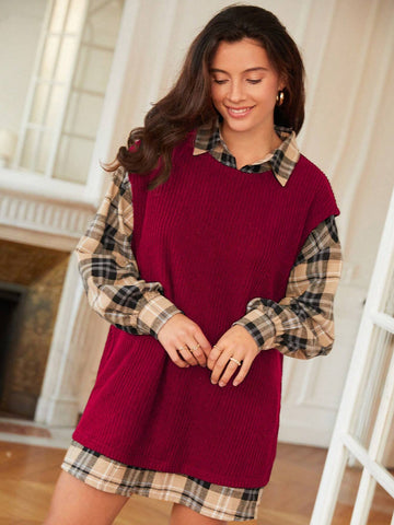 Plaid Drop Shoulder Blouse & Vest Without Belt Vintage Sytle