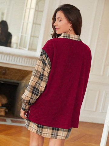 Plaid Drop Shoulder Blouse & Vest Without Belt Vintage Sytle