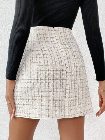 Frenchy Plaid Fake Button Tweed Skirt