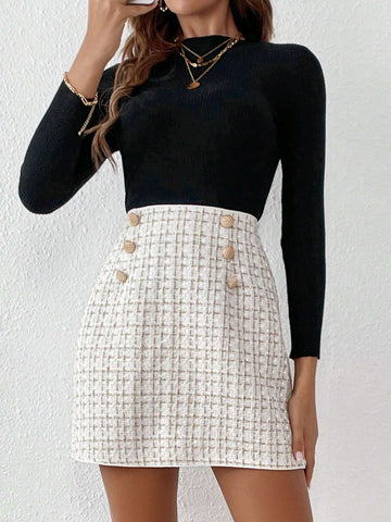 Frenchy Plaid Fake Button Tweed Skirt