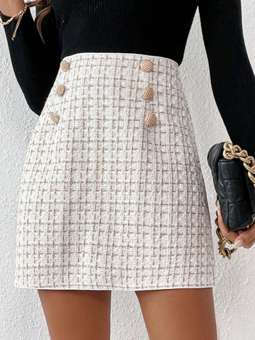 Frenchy Plaid Fake Button Tweed Skirt