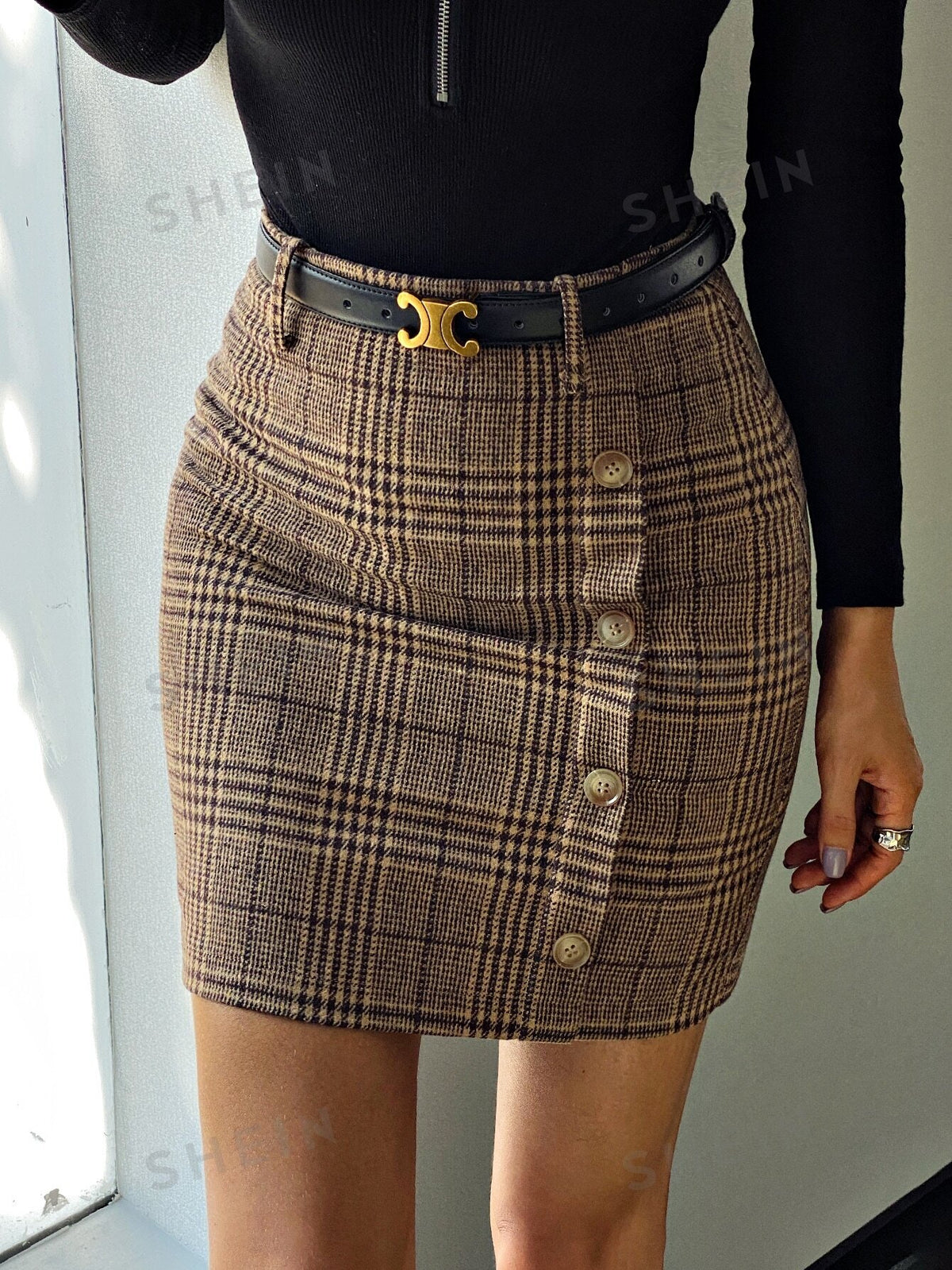 Frenchy Plaid Fake Button Wool-Mix Fabric Skirt Without Belt
