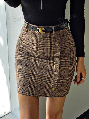 Frenchy Plaid Fake Button Wool-Mix Fabric Skirt Without Belt