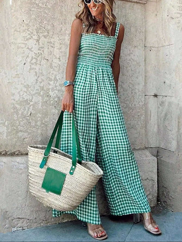 Plaid Green Wide-Leg Jumpsuit With Ruffles Edge And Straps