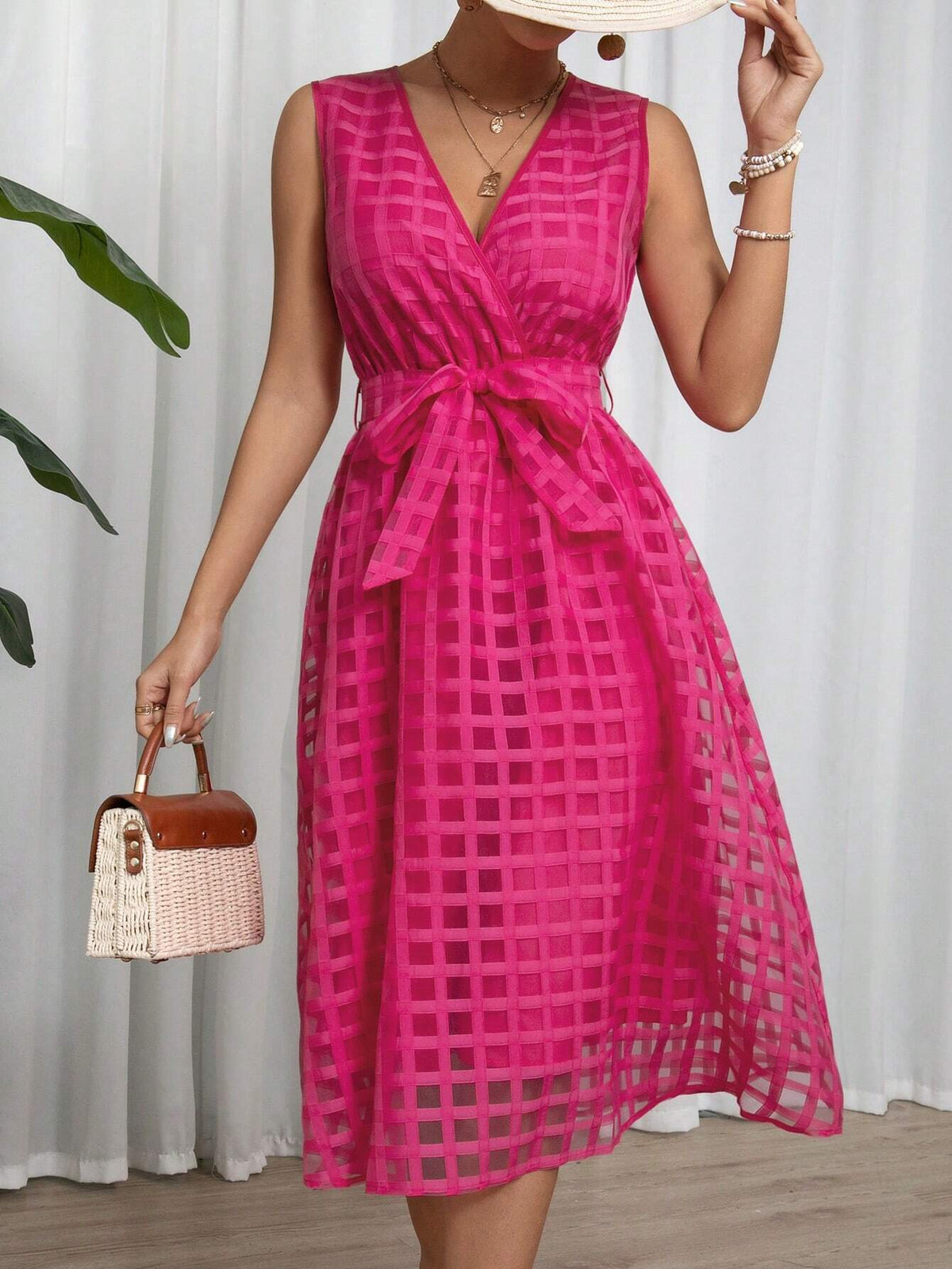 Plaid Mesh Surplice Neck Tie Waist Dress