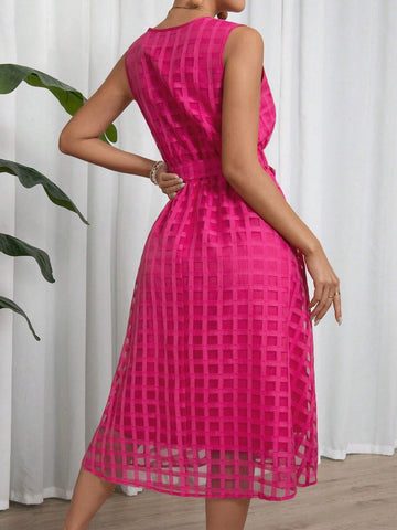 Plaid Mesh Surplice Neck Tie Waist Dress