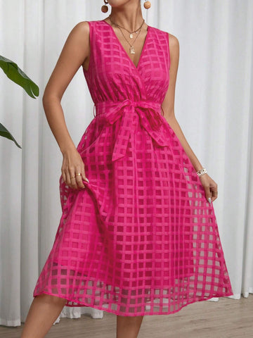 Plaid Mesh Surplice Neck Tie Waist Dress