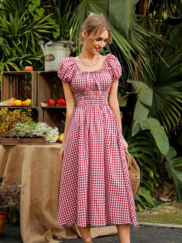 Plaid Print Waist Tie Dress