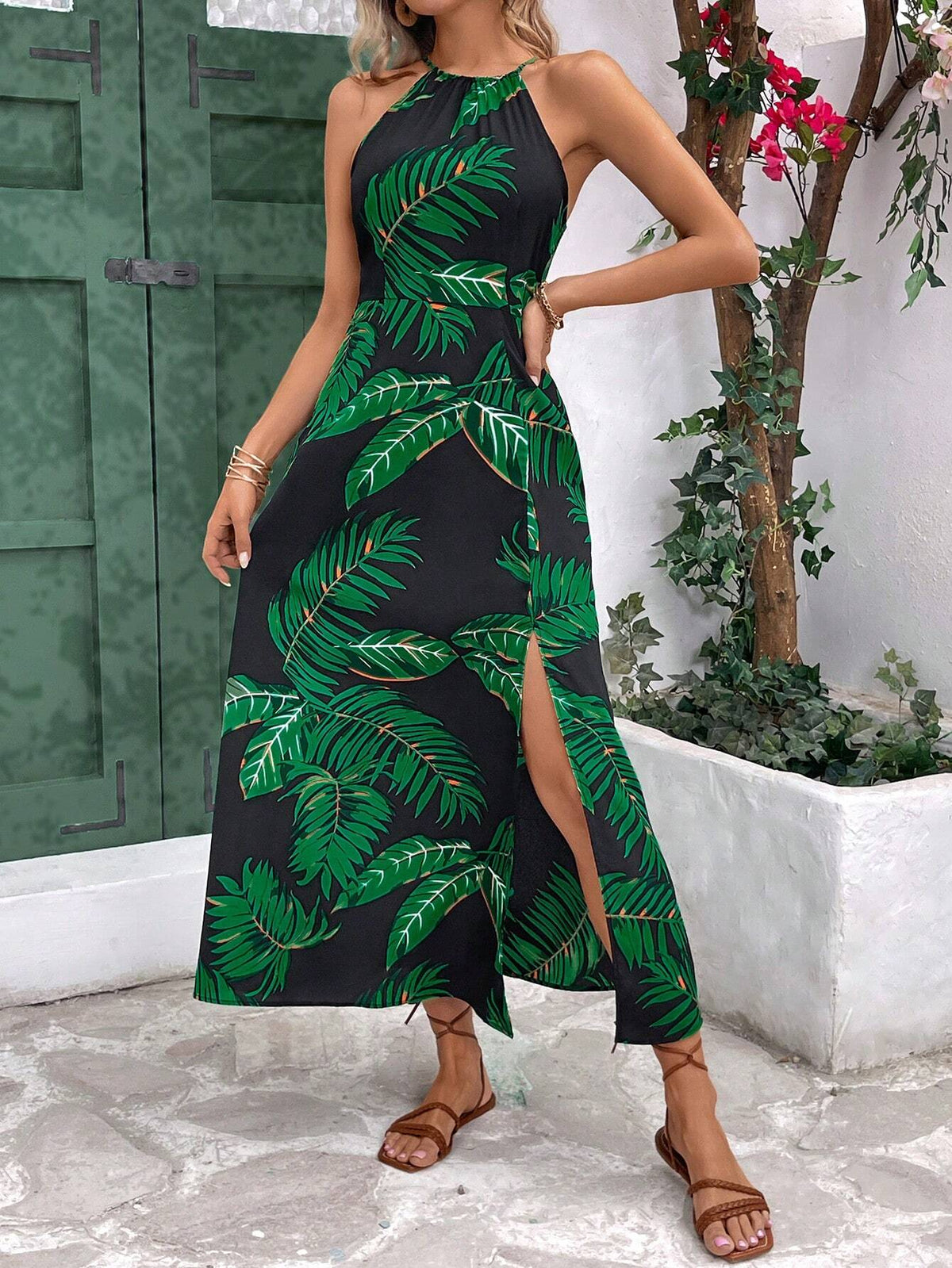 Plant Patterned High Slit Halter Neck Maxi Dress