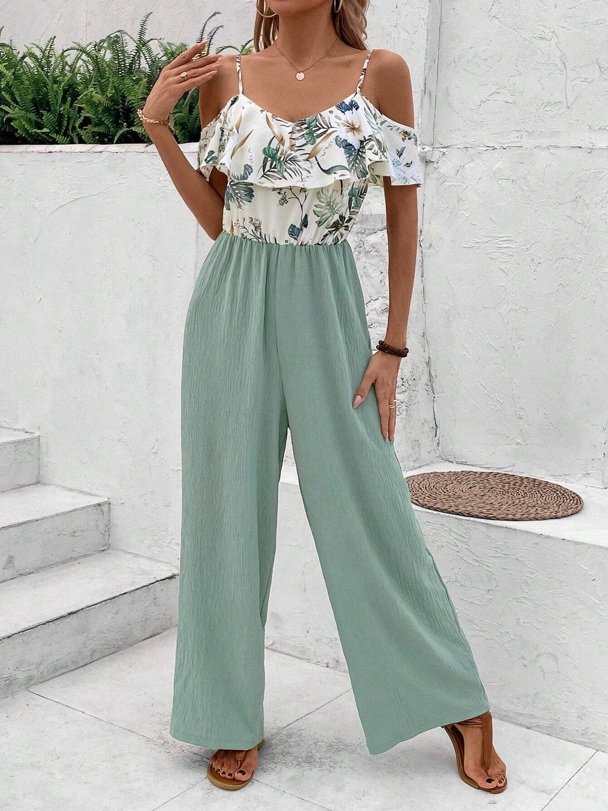 Plant Print Off Shoulder Ruffle Hem Vacation Style Jumpsuit